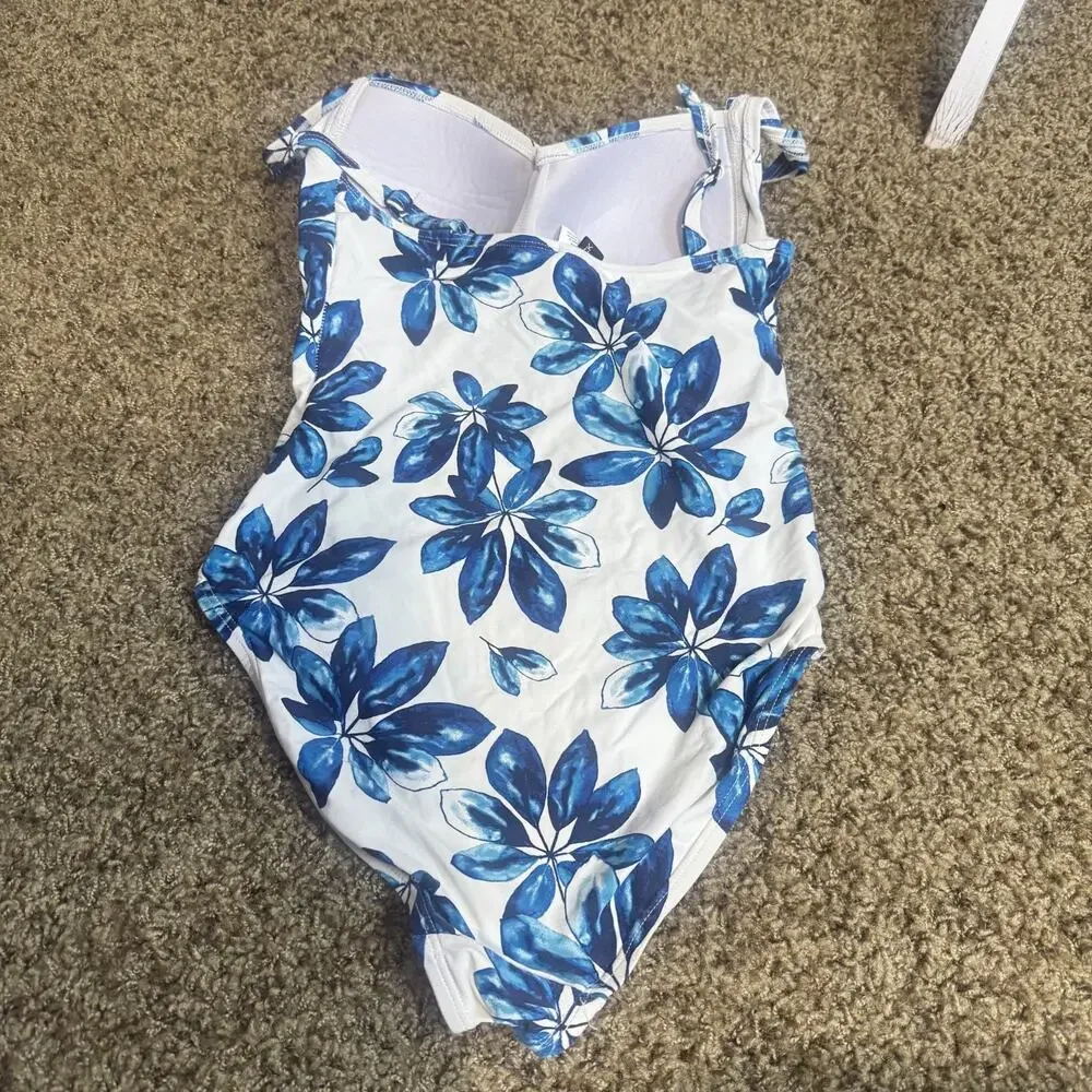Niptuck Swim 4 Bathing Suit One Piece Tummy Slimming Blue Floral built in bra - Picture 3 of 6